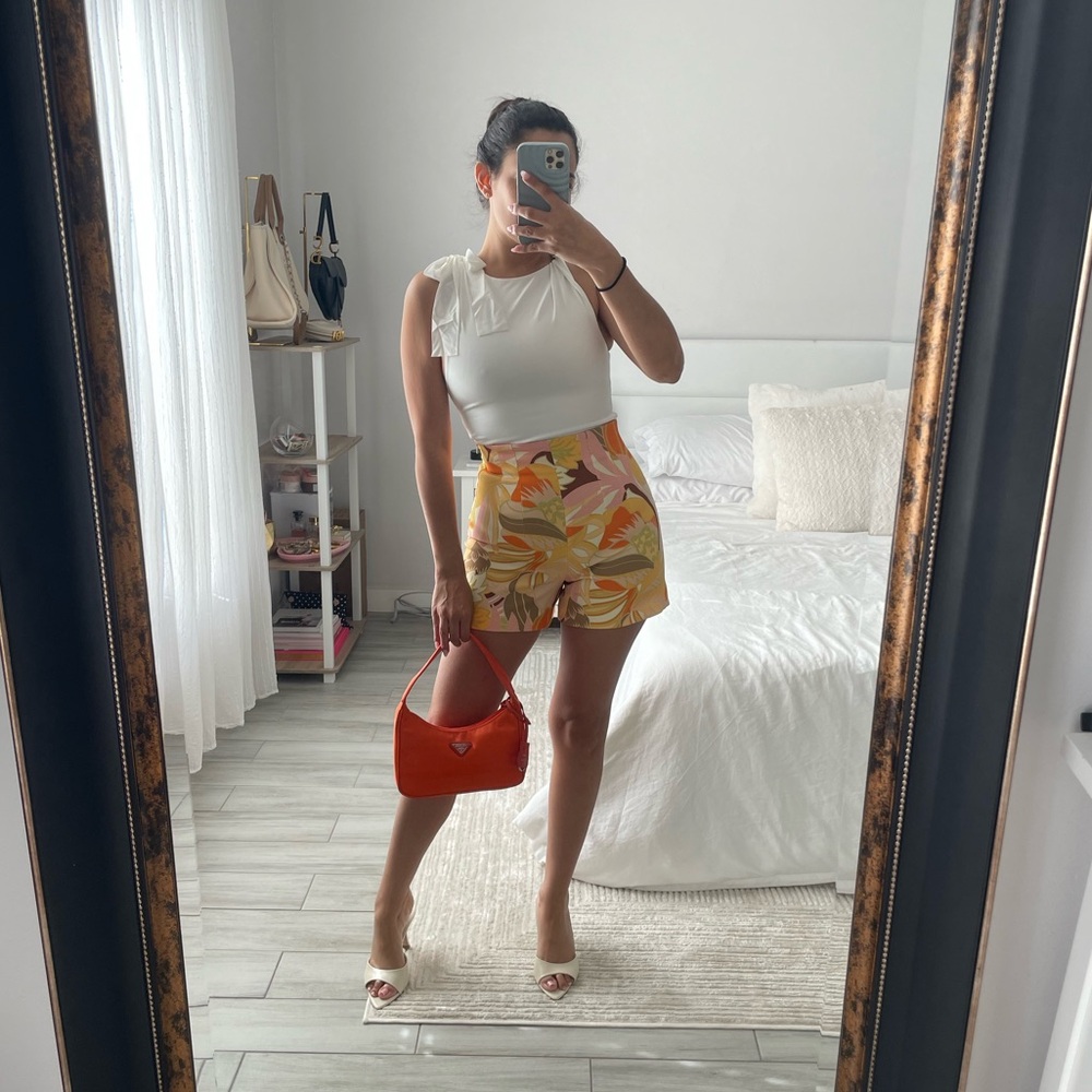 Zara Retro Floral High Waist Shorts Orange Pink XS